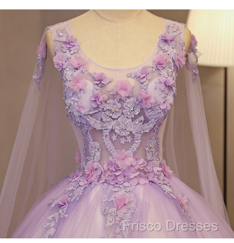 Charming Lavender Tulle Flowers Long Formal Prom Dress, Sweet 16 Gowns