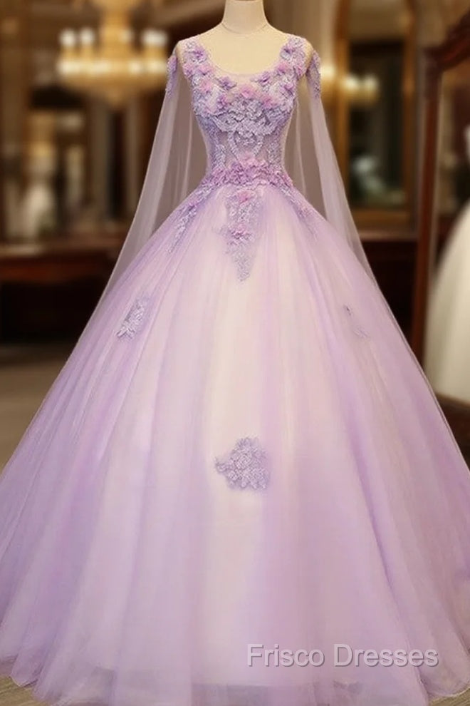 Charming Lavender Tulle Flowers Long Formal Prom Dress, Sweet 16 Gowns