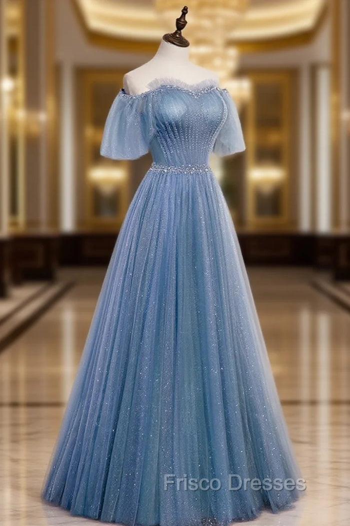 Charming Light Blue Tulle Puffy Sleeves Floor Length Party Dress, Blue A-line Pricess Gowns Formal Prom Dress Main image