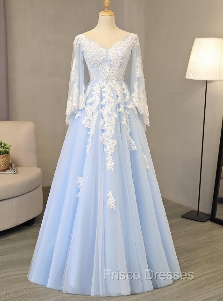 Charming Light Blue Tulle V-neckline Long Party Dress, Formal Prom Dress