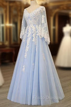 Charming Light Blue Tulle V-neckline Long Party Dress, Formal Prom Dress