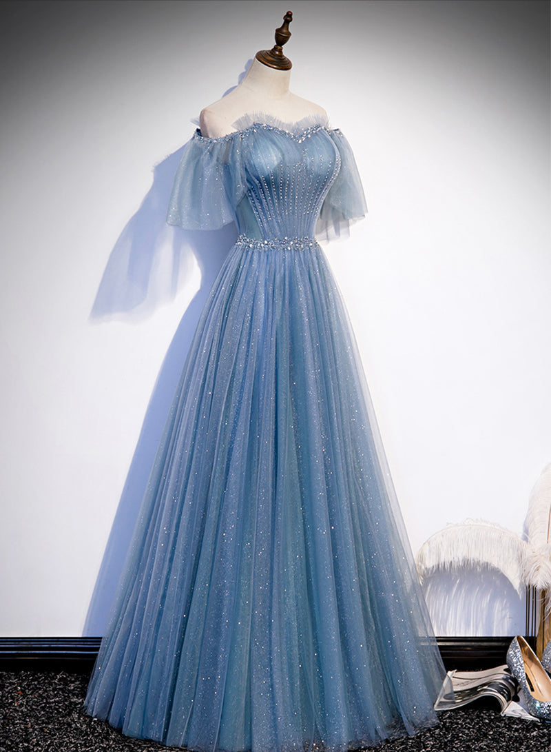 Charming Light Blue Tulle Puffy Sleeves Floor Length Party Dress, Blue A-Line Pricess Gowns Prom Dress Secondary image
