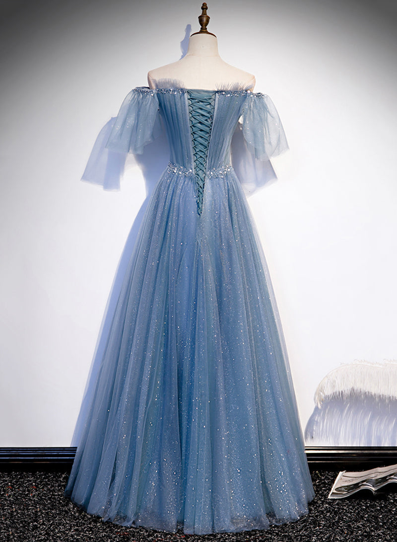 Charming Light Blue Tulle Puffy Sleeves Floor Length Party Dress, Blue A-Line Pricess Gowns Prom Dress