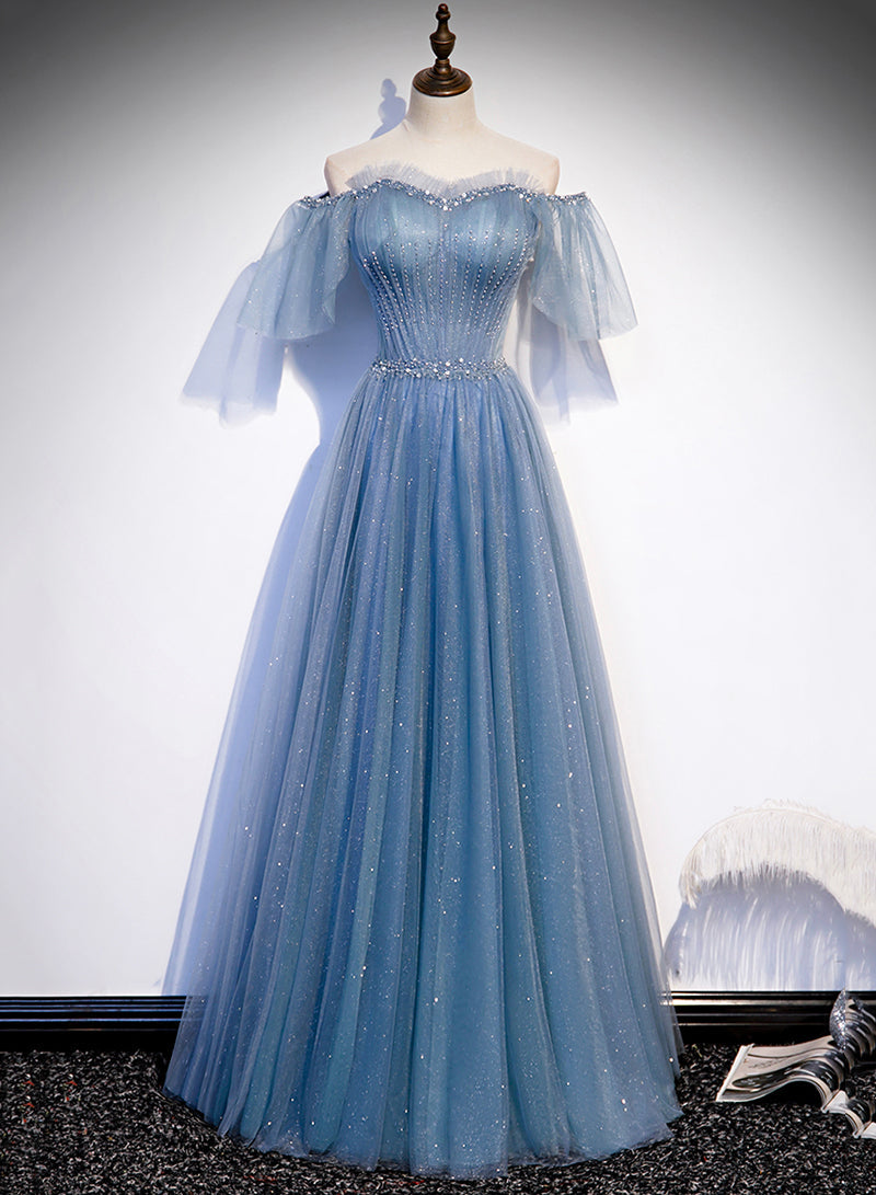 Charming Light Blue Tulle Puffy Sleeves Floor Length Party Dress, Blue A-Line Pricess Gowns Prom Dress Main image