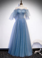 Charming Light Blue Tulle Puffy Sleeves Floor Length Party Dress, Blue A-Line Pricess Gowns Prom Dress