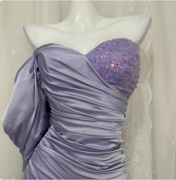 Charming Light Purple Mermaid Sweetheart Neck Pearl Sequin Satin Long Prom Dress Evening Dress