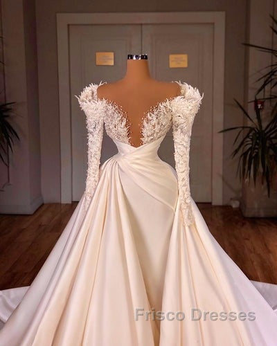 Charming Long A-line Cathedral V-neck Satin Lace Wedding Dress With Sleeves Secondary image
