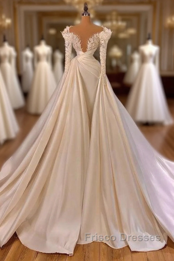 Charming Long A-line Cathedral V-neck Satin Lace Wedding Dress With Sleeves Main image