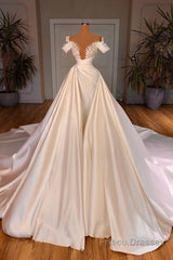 Charming Long A-line Off-the-shoulder Cathedral V-neck Satin Lace Wedding Dress