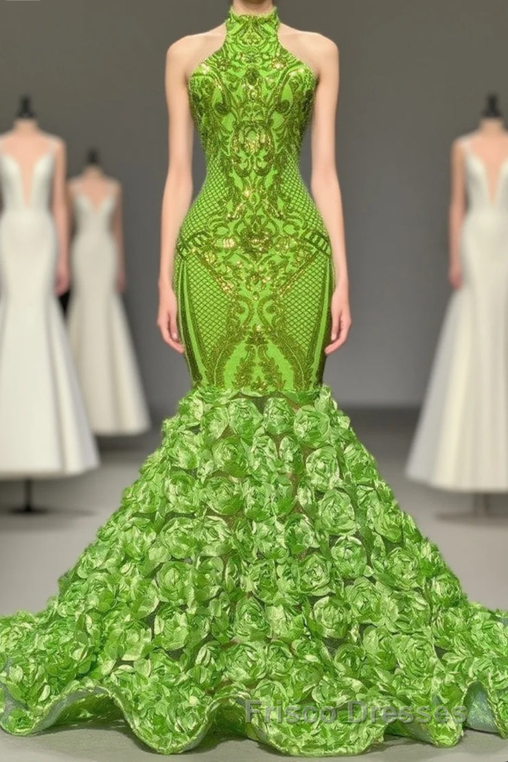 Charming Long Mermaid Halter Satin Lace Backless Formal Prom Dress Main image