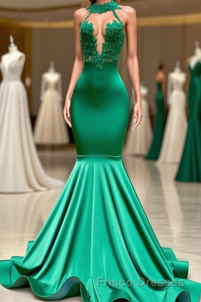 Charming Long Mermaid Halter Stretch Satin Lace Backless Formal Prom Dress Main image