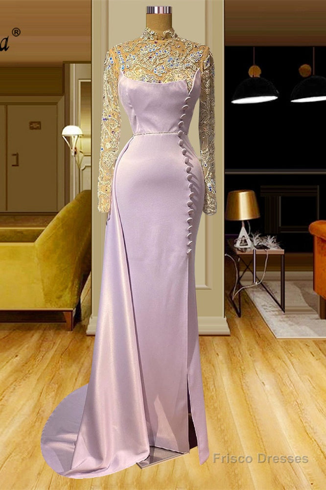 Charming Long Mermaid High Neck Lace Beading Evening Prom Dresses With Long Sleeves Main image