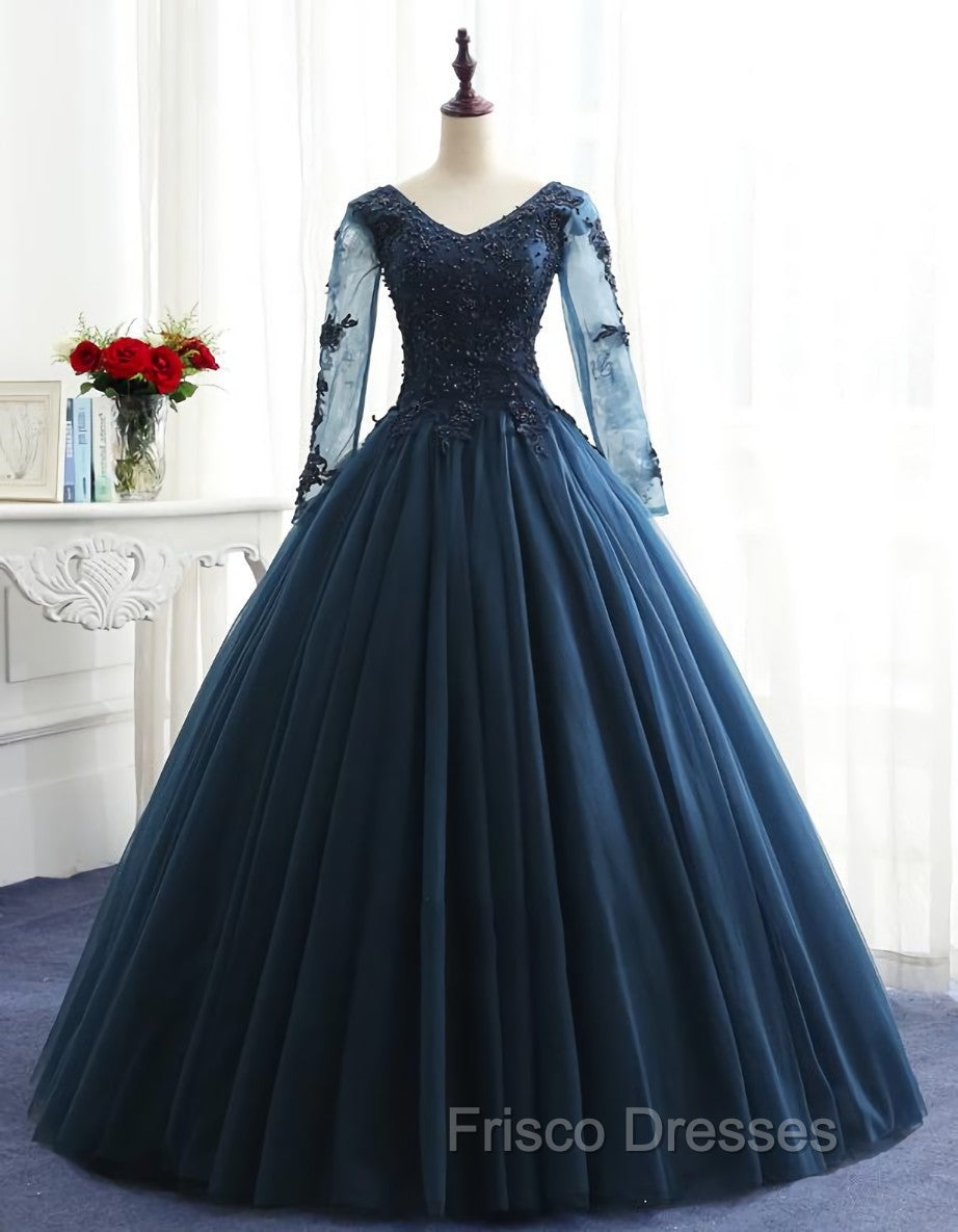Charming Long Sleeves Navy Blue Tulle Party Gown, Navy Blue Formal Prom Dress Secondary image