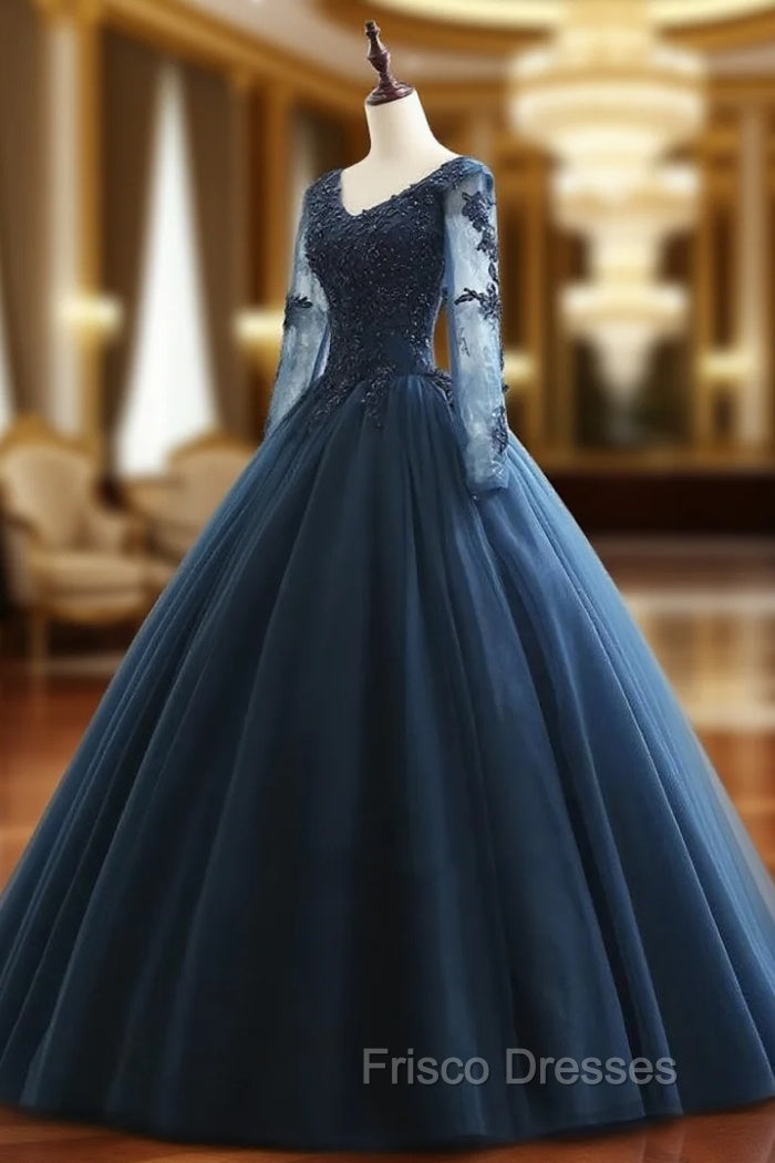 Charming Long Sleeves Navy Blue Tulle Party Gown, Navy Blue Formal Prom Dress Main image