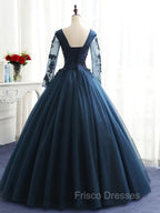 Charming Long Sleeves Navy Blue Tulle Party Gown, Navy Blue Formal Prom Dress