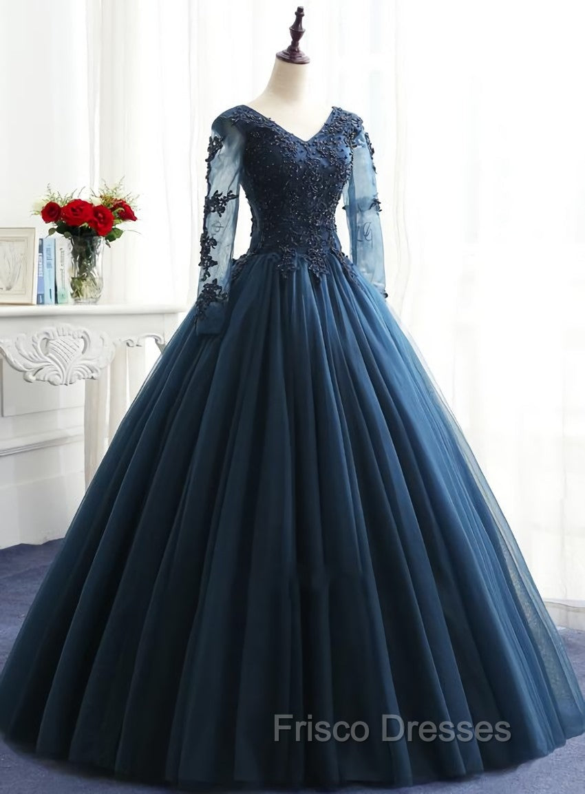 Charming Long Sleeves Navy Blue Tulle Party Gown, Navy Blue Formal Prom Dress