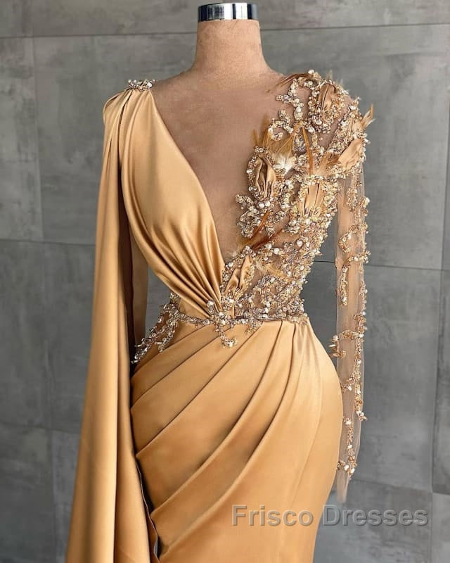 Charming Long Sleeves V-Neck Mermaid Long Evening Dress With Side Train Secondary image