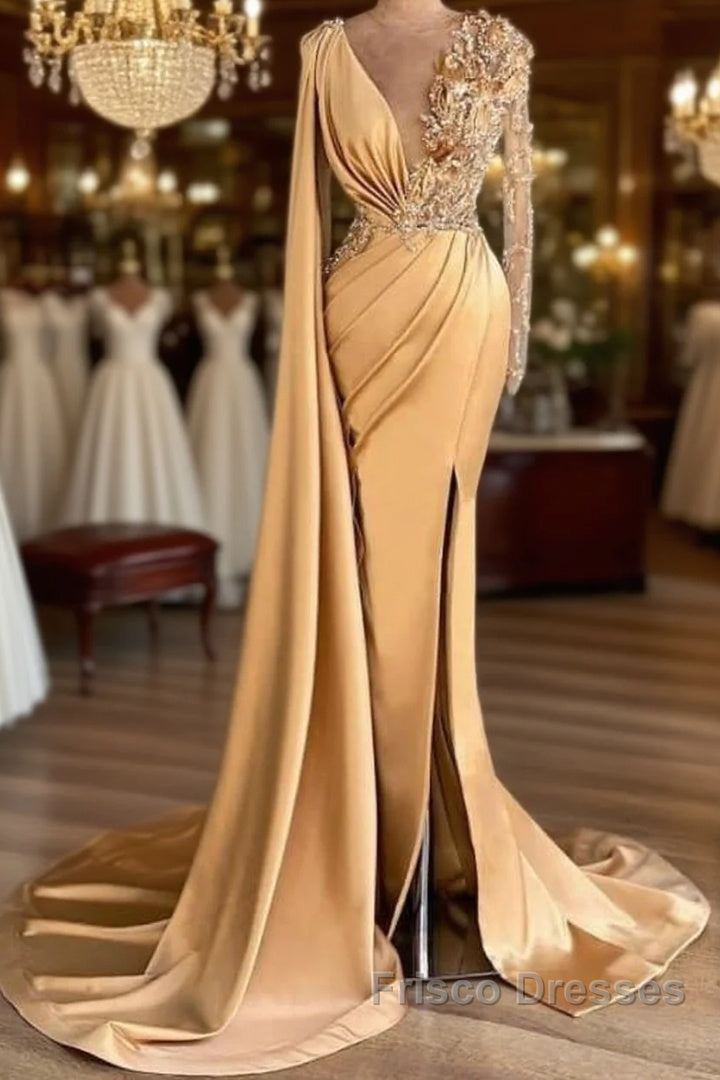 Charming Long Sleeves V-Neck Mermaid Long Evening Dress With Side Train Main image