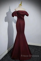 Charming Maroon Satin Mermaid Off Shoulder Formal Prom Dress, Maroon Party Dress