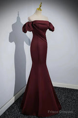 Charming Maroon Satin Mermaid Off Shoulder Prom Dress, Maroon Party Dress
