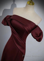 Charming Maroon Satin Mermaid Off Shoulder Formal Prom Dress, Maroon Party Dress