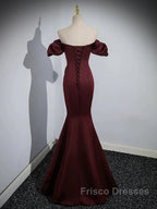 Charming Maroon Satin Mermaid Off Shoulder Formal Prom Dress, Maroon Party Dress
