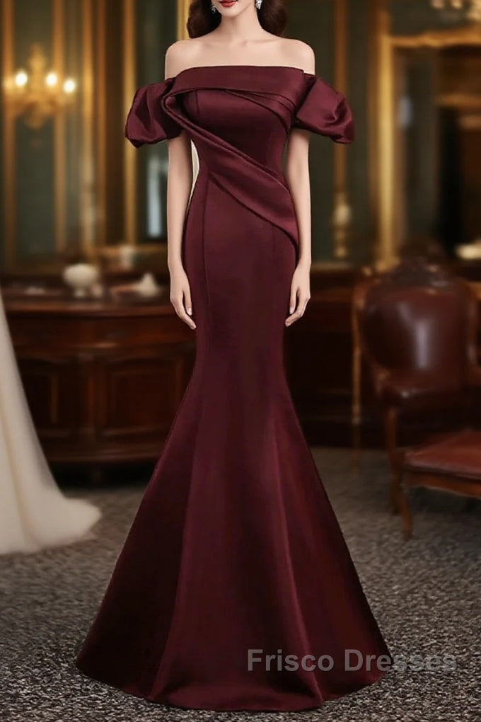 Charming Maroon Satin Mermaid Off Shoulder Formal Prom Dress, Maroon Party Dress