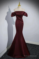 Charming Maroon Satin Mermaid Off Shoulder Prom Dress, Maroon Party Dress