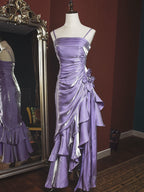 Charming Mermaid High Low Satin Straps Party Dress, Lovely Style Prom Dress
