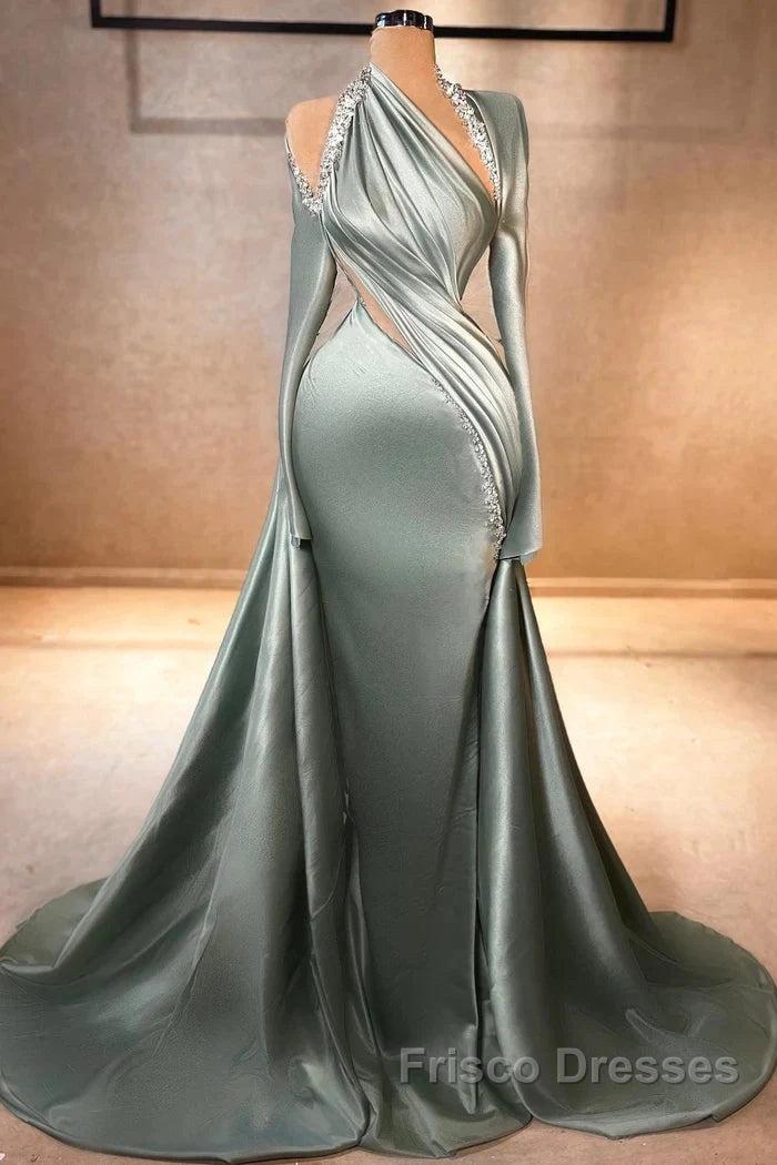 Charming Mermaid Irregular Collar Satin Rhinestone Halter Ruffled Long Formal Prom Dress Formal Evening Gown Secondary image