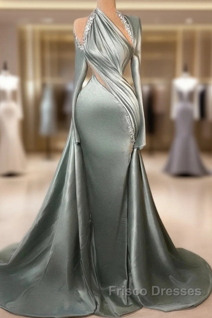 Charming Mermaid Irregular Collar Satin Rhinestone Halter Ruffled Long Formal Prom Dress Formal Evening Gown Main image
