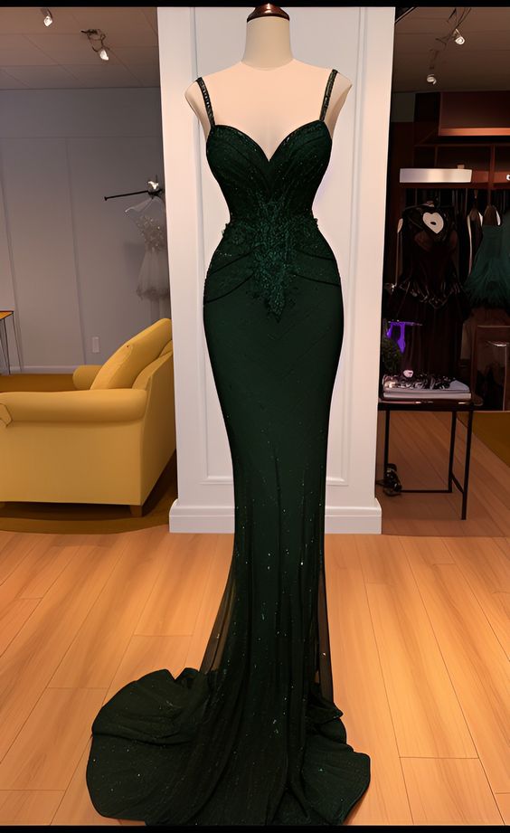 Charming Mermaid Spaghetti Straps Lace Dark Green Prom Dress Long Prom Dresses