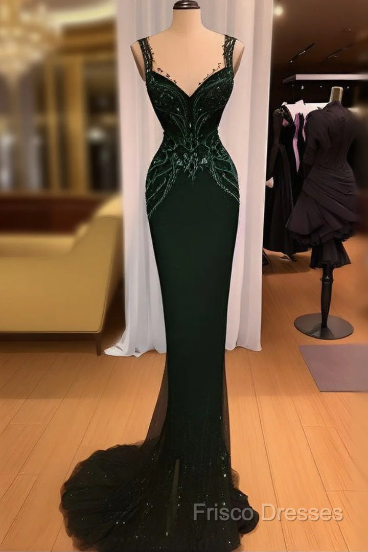 Charming Mermaid Straps Dark Green Sequin Formal Prom Dress Long Formal Prom Dress