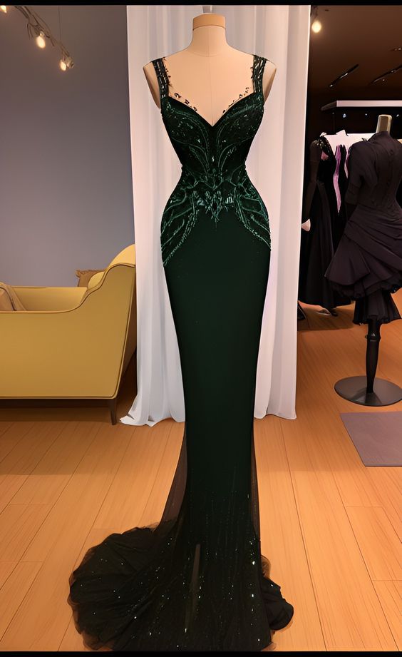 Charming Mermaid Straps Dark Green Sequin Prom Dress Long Prom Dresses Main image