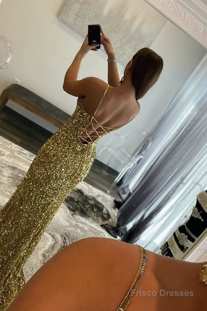 Charming Mermaid V Nekc Gold Sequins Long Prom Dresses with Slit Secondary image
