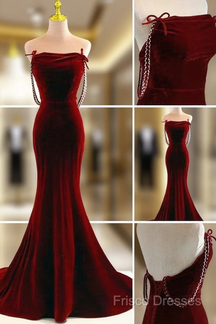 Charming Mermaid Wine Red Long Velvet Formal Dress, Wine Red Long Party Dress Main image