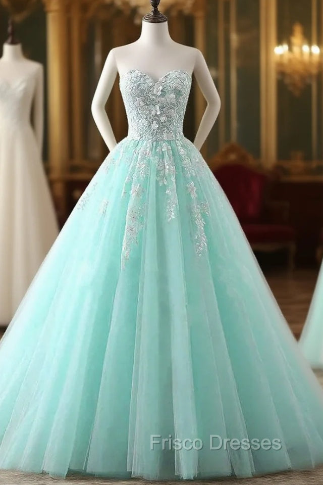 Charming Mint Green Tulle Ball Gown Sweet 16 Dress, Lace Applique Formal Prom Dress Secondary image