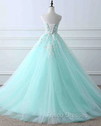 Charming Mint Green Tulle Ball Gown Sweet 16 Dress, Lace Applique Formal Prom Dress