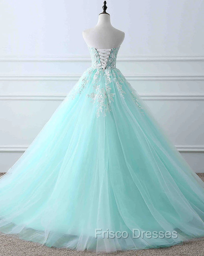 Charming Mint Green Tulle Ball Gown Sweet 16 Dress, Lace Applique Formal Prom Dress