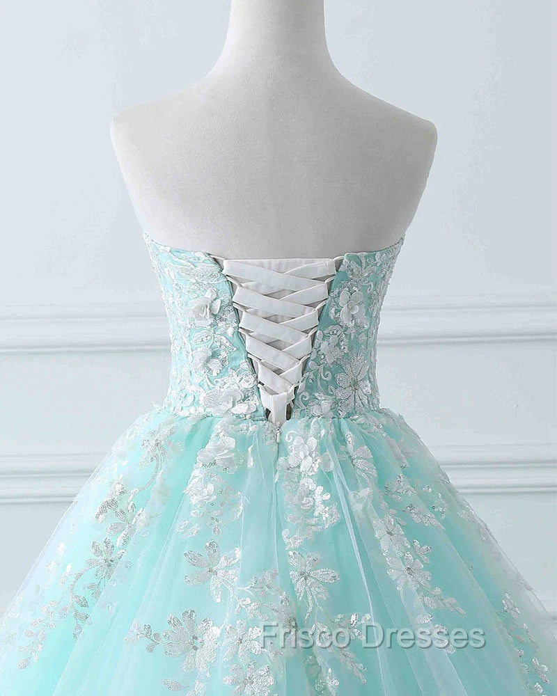 Charming Mint Green Tulle Ball Gown Sweet 16 Dress, Lace Applique Formal Prom Dress