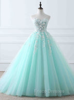 Charming Mint Green Tulle Ball Gown Sweet 16 Dress, Lace Applique Formal Prom Dress
