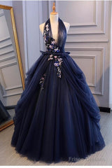 Charming Navy Blue Halter Tulle Party Dress With Flower Applique, Blue Gown