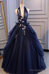 Charming Navy Blue Halter Tulle Party Dress With Flower Applique, Blue Gown