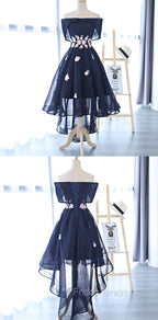 Charming Navy Blue Tulle Party Dress with Flowers, Cute Formal Prom Dress