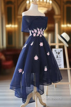 Charming Navy Blue Tulle Party Dress with Flowers, Cute Formal Prom Dress