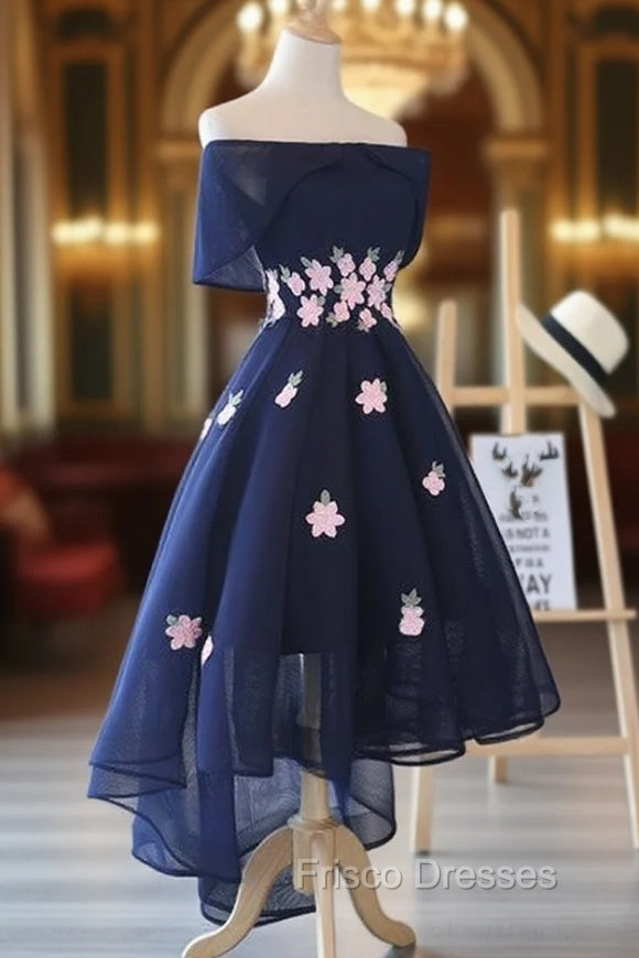 Charming Navy Blue Tulle Party Dress with Flowers, Cute Formal Prom Dress
