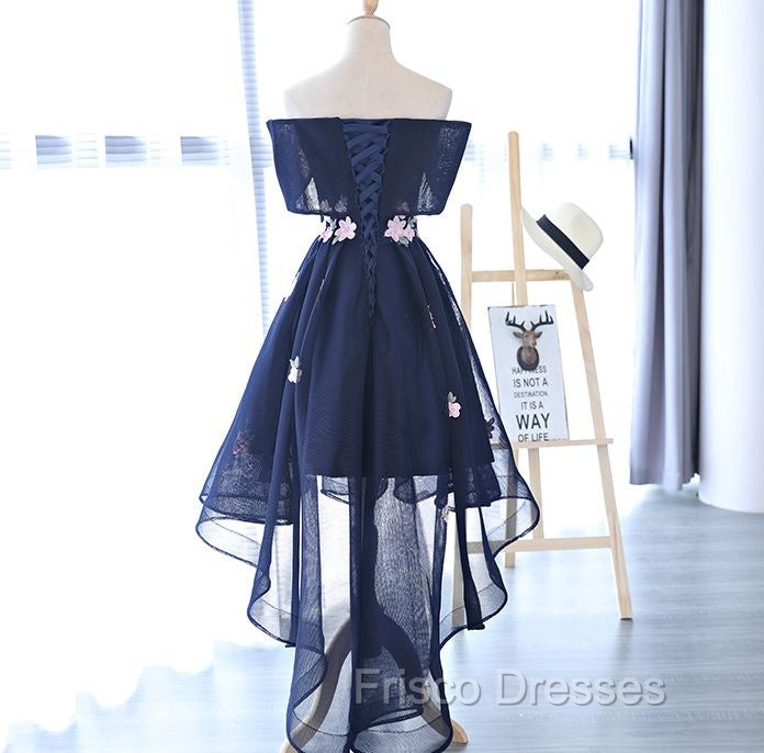 Charming Navy Blue Tulle Party Dress with Flowers, Cute Formal Prom Dress