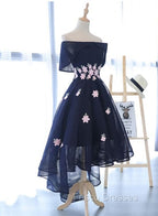 Charming Navy Blue Tulle Party Dress with Flowers, Cute Formal Prom Dress