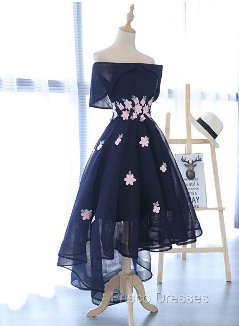 Charming Navy Blue Tulle Party Dress with Flowers, Cute Formal Prom Dress