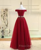 Charming Off Shoulder Tulle Beaded Formal Prom Gown, Wine Red Long Junior Formal Prom Dress